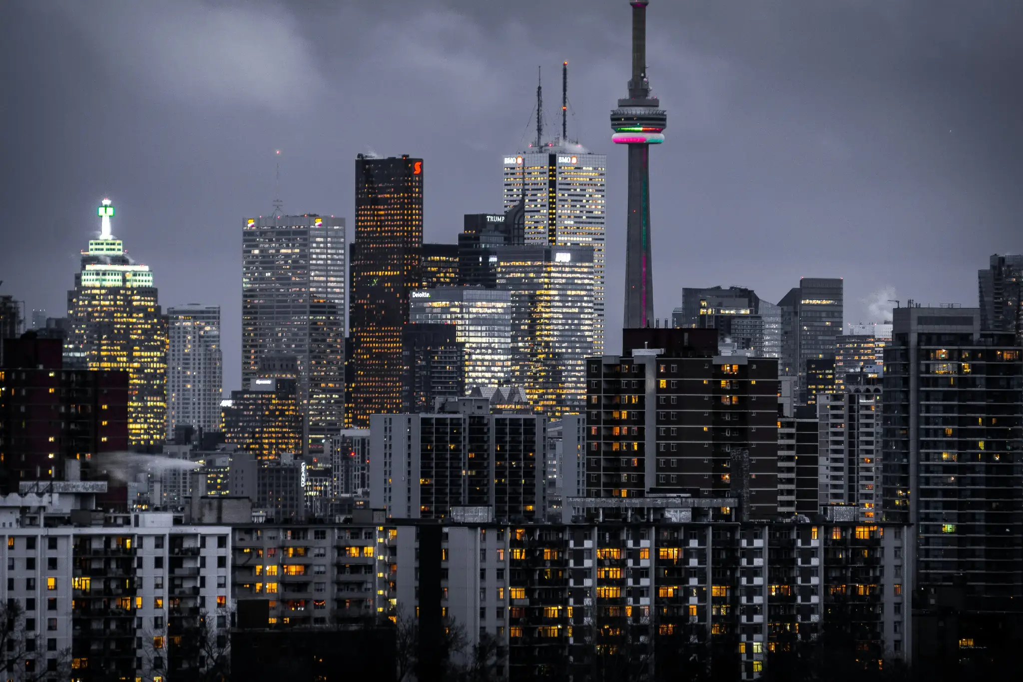 A city skyline at night