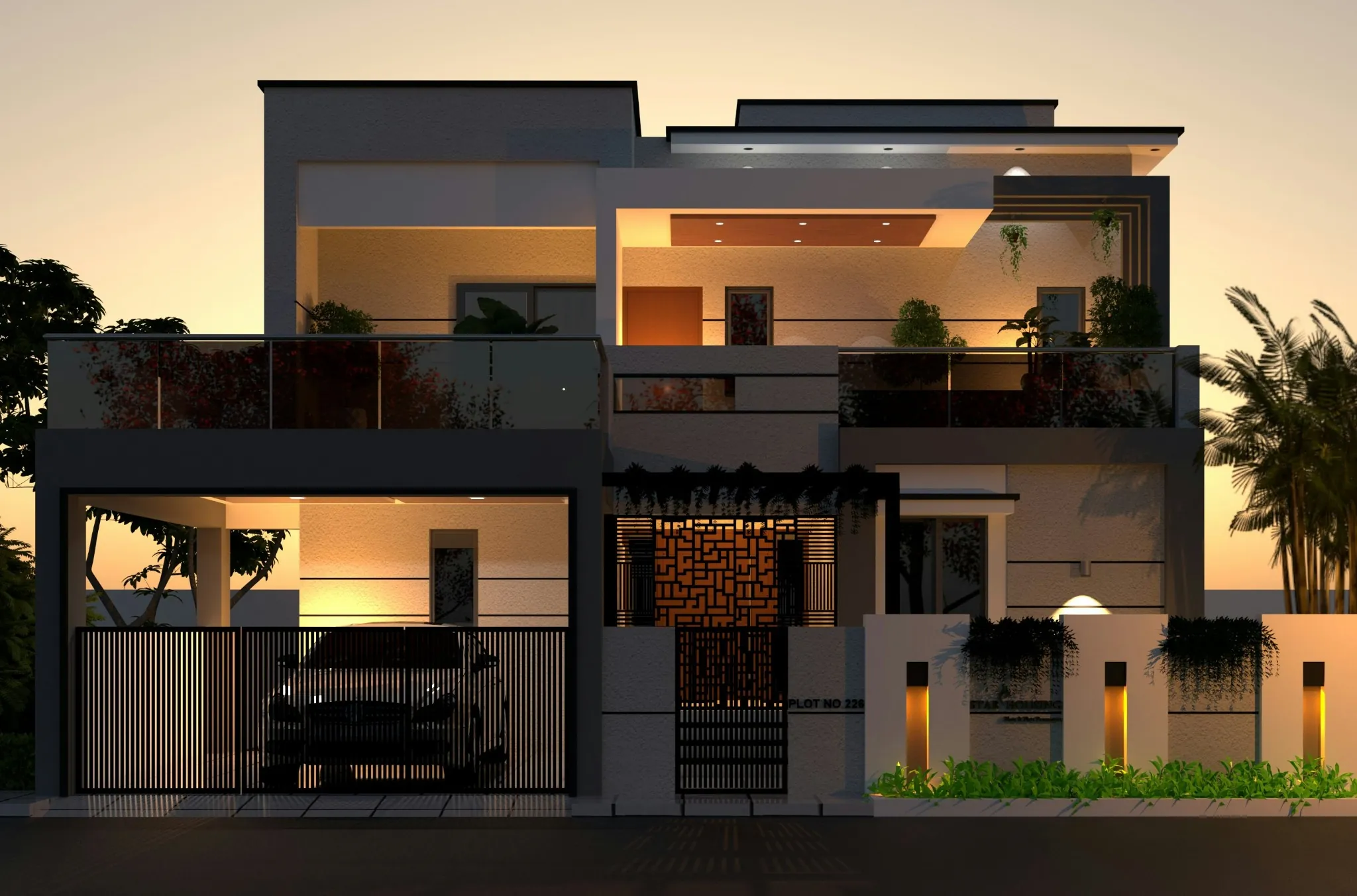 A contemporary residence at dusk